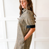Color Contrast Accent Leopard Dress- Taupe
