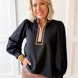Color Contrast Zip Up Top - Black