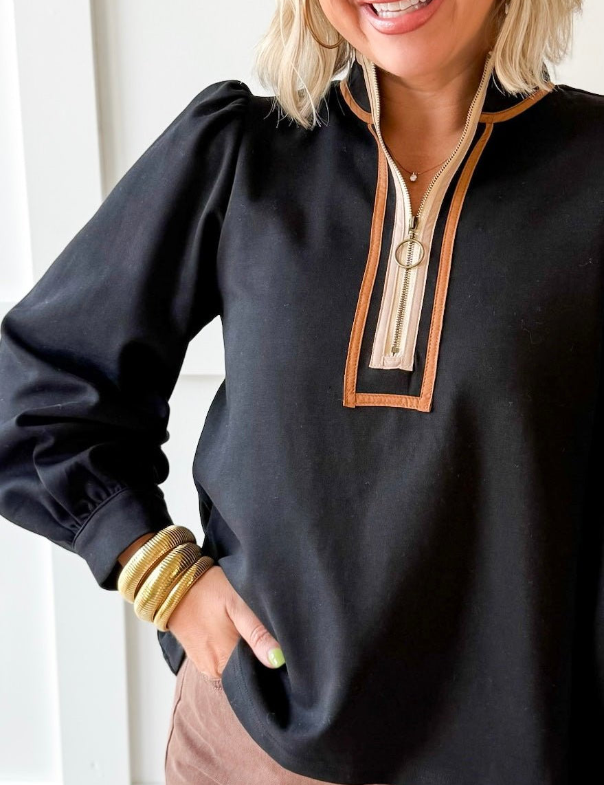 Color Contrast Zip Up Top - Black