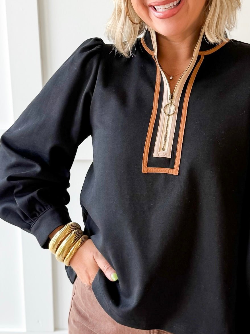 Color Contrast Zip Up Top - Black