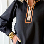 Color Contrast Zip Up Top - Black
