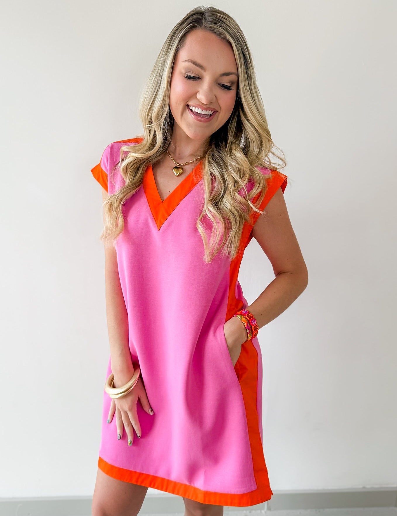 Contrast Accent Dress - Pink/Orange