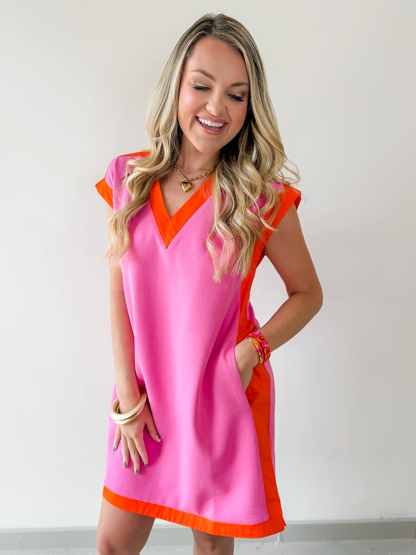 Contrast Accent Dress - Pink/Orange