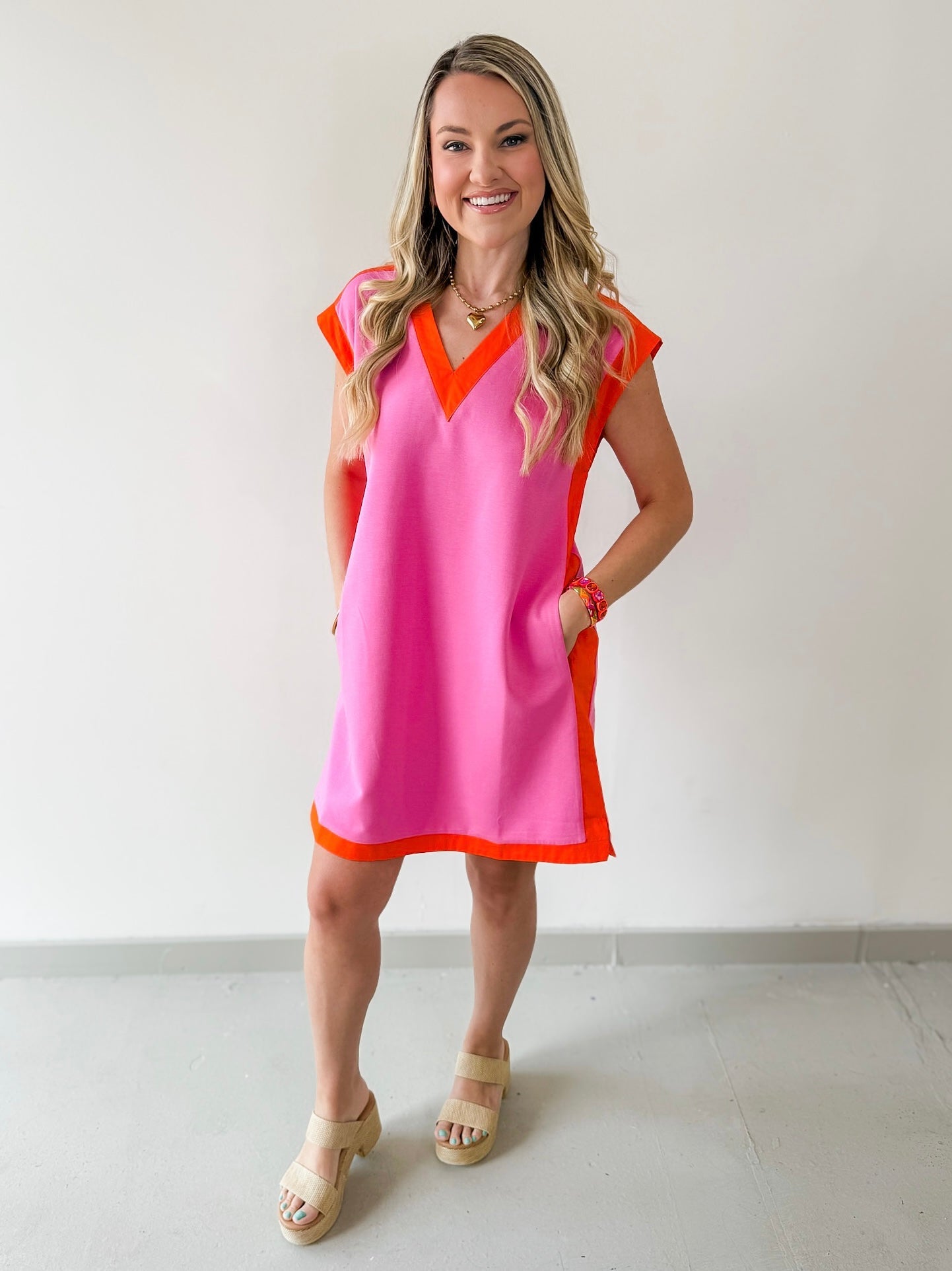 Contrast Accent Dress - Pink/Orange