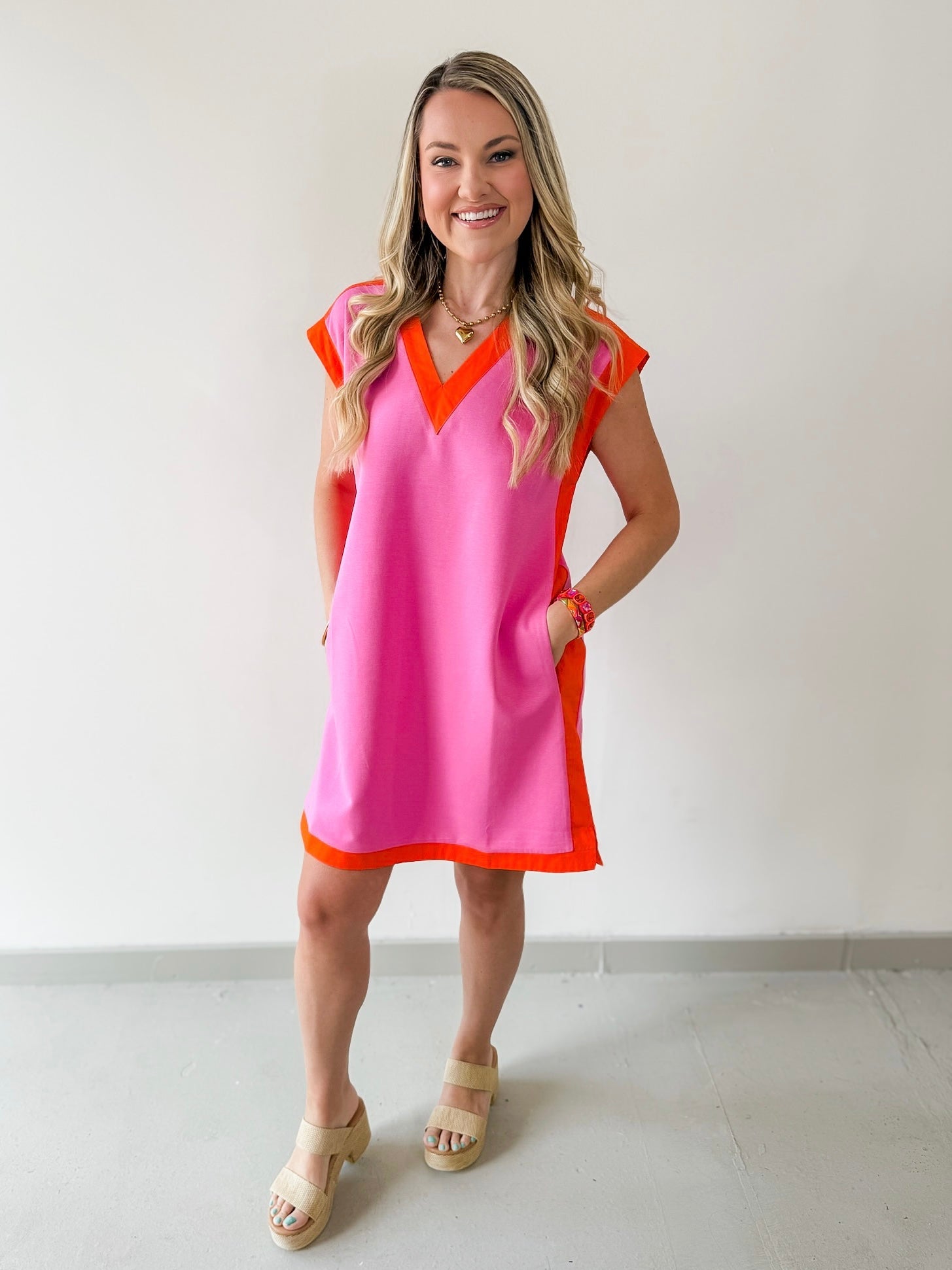 Contrast Accent Dress - Pink/Orange