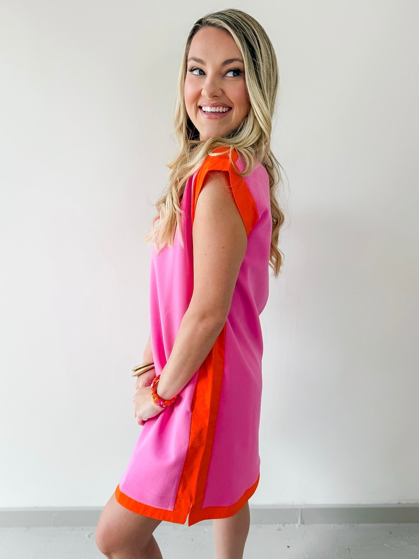 Contrast Accent Dress - Pink/Orange