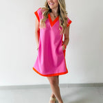 Contrast Accent Dress - Pink/Orange