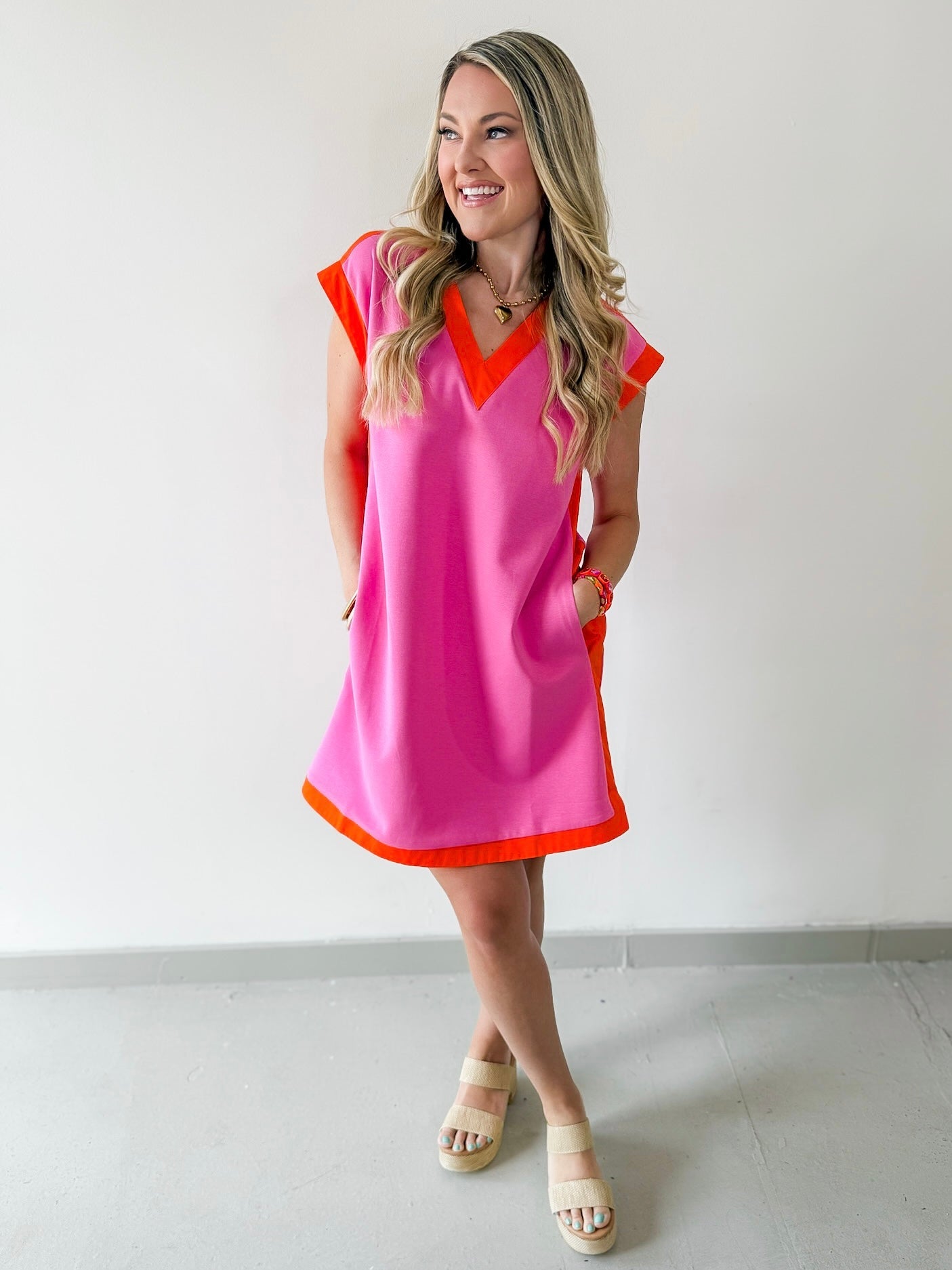 Contrast Accent Dress - Pink/Orange