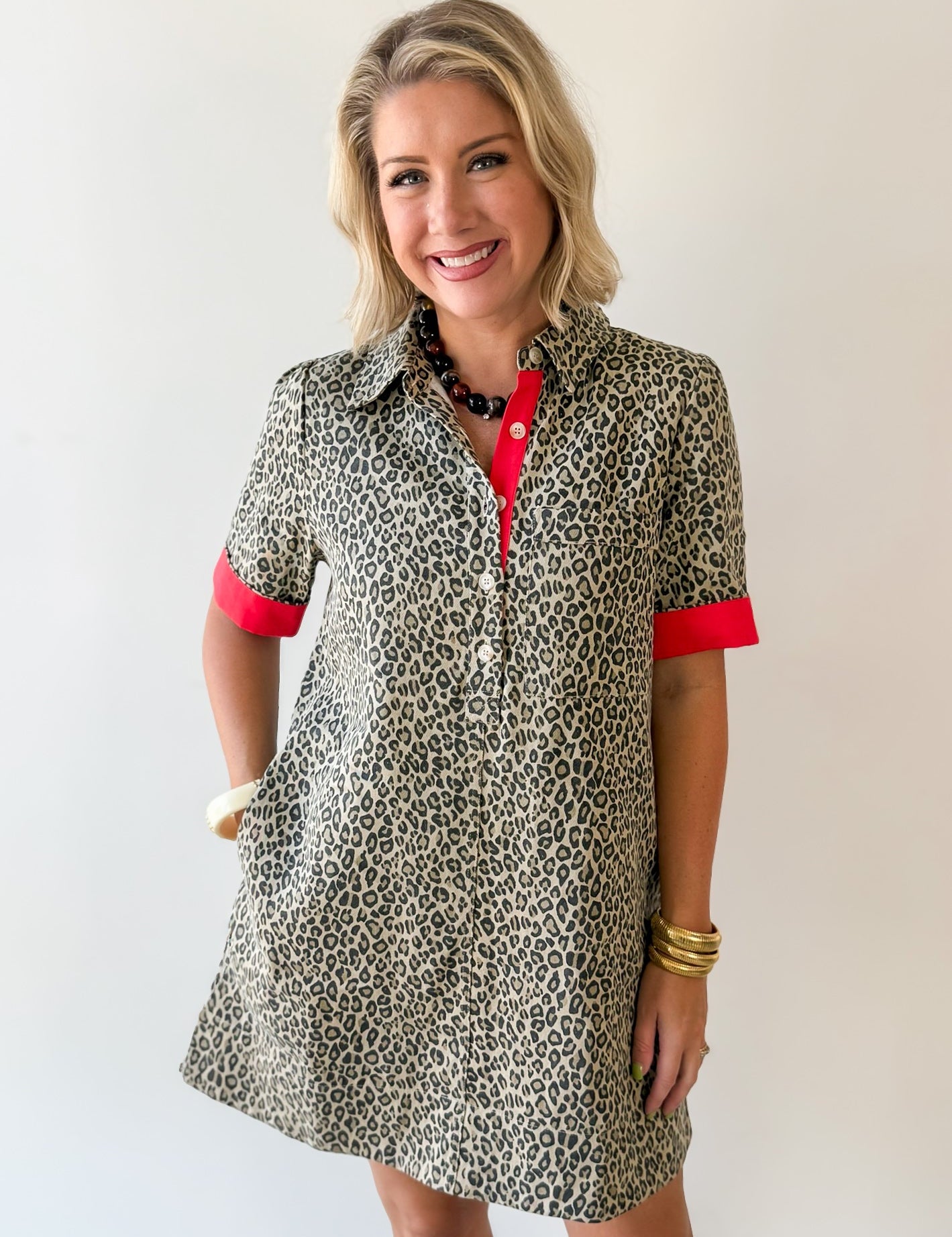 Contrast Accent Leopard Dress - Beige
