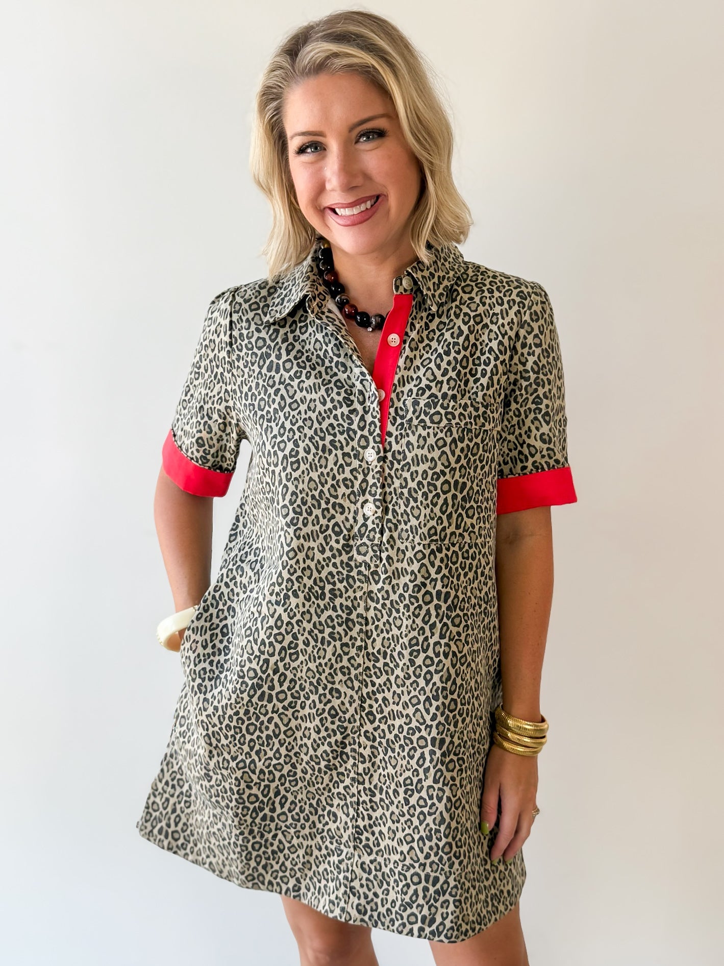Contrast Accent Leopard Dress - Beige