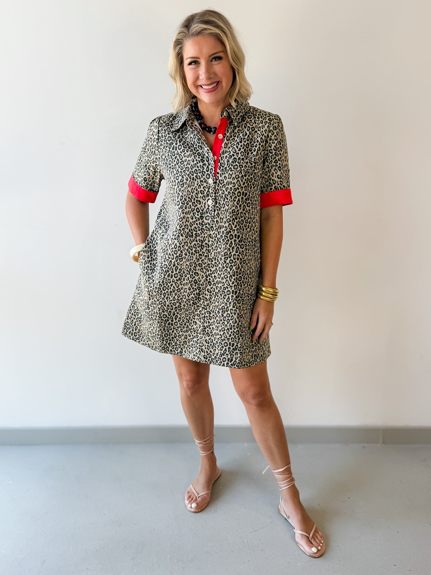 Contrast Accent Leopard Dress - Beige