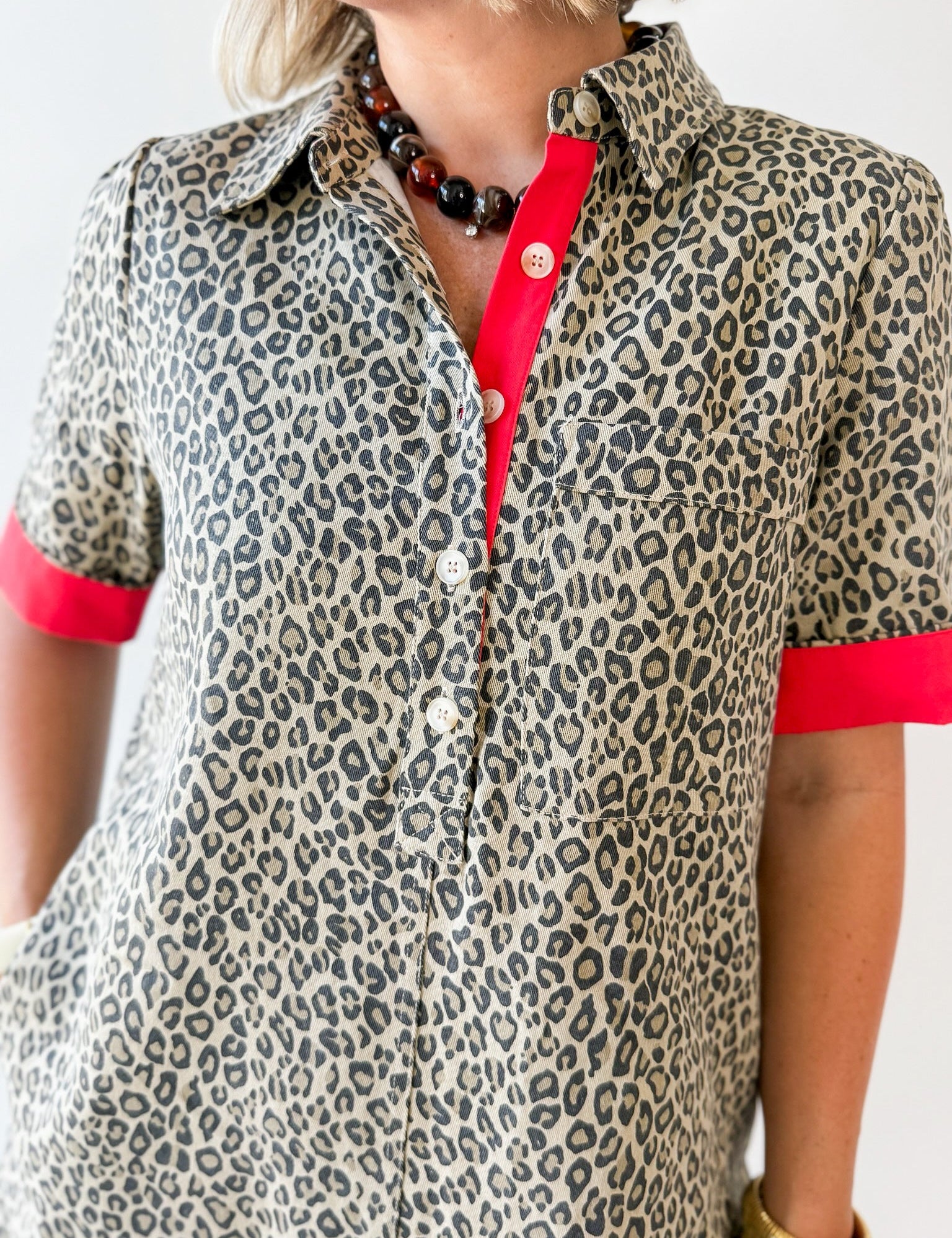 Contrast Accent Leopard Dress - Beige