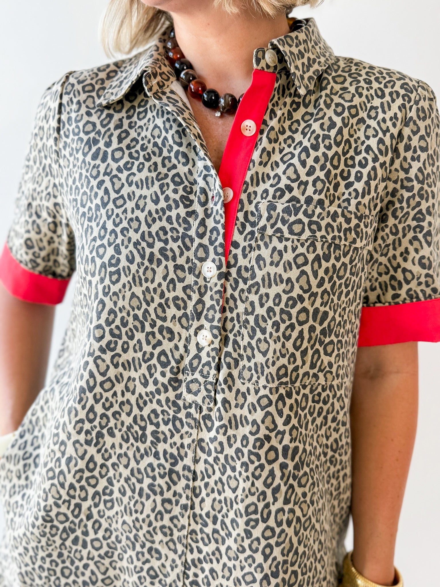 Contrast Accent Leopard Dress - Beige