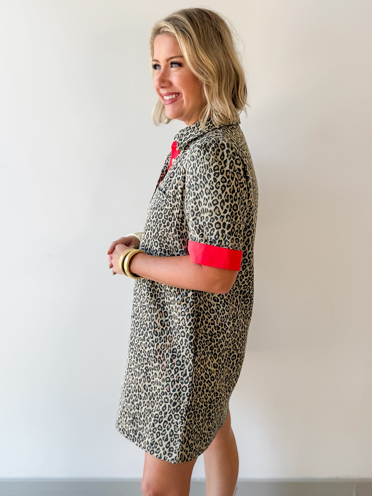 Contrast Accent Leopard Dress - Beige