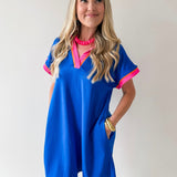 Contrast Accent Solid Casual Dress - Royal Mix