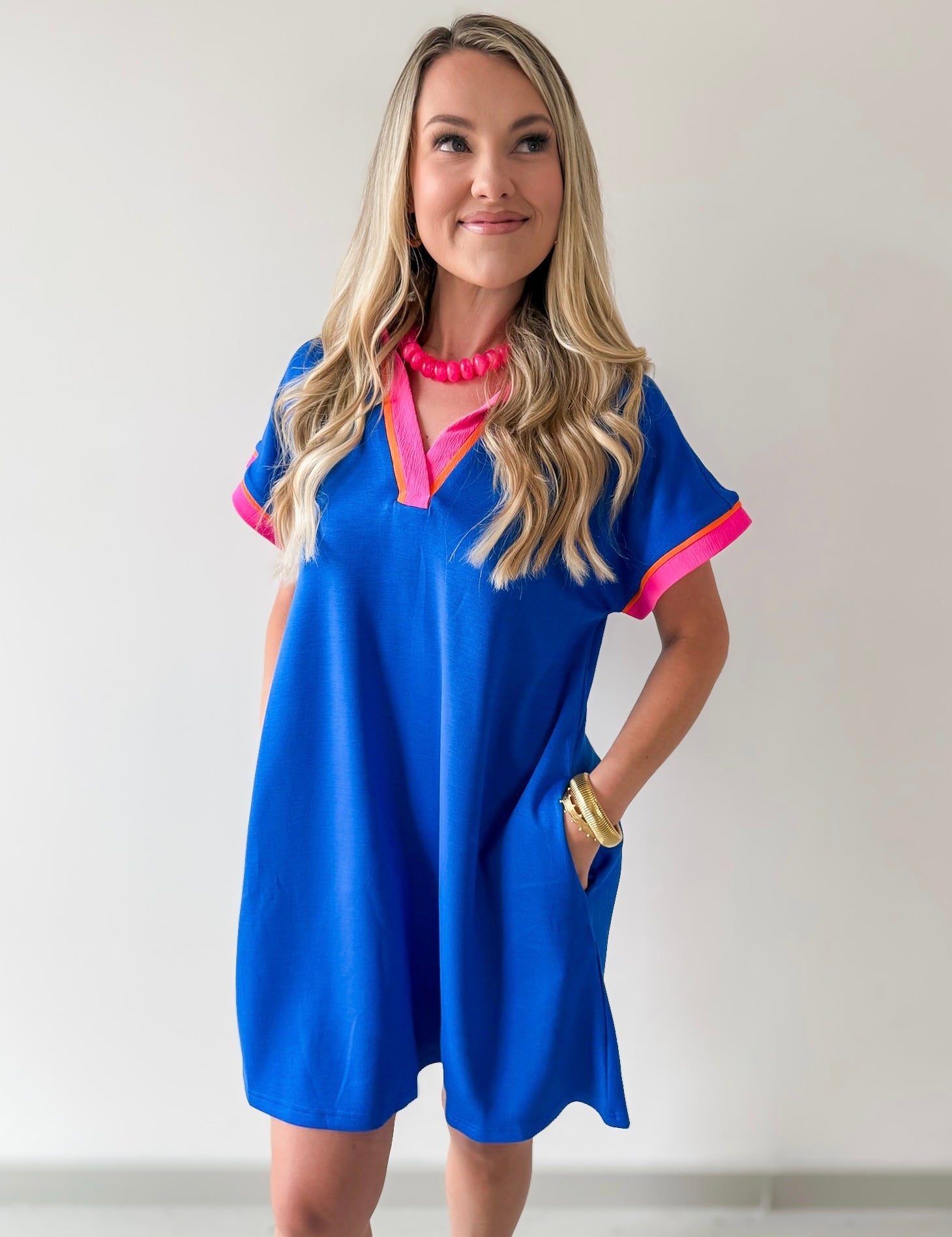 Contrast Accent Solid Casual Dress - Royal Mix