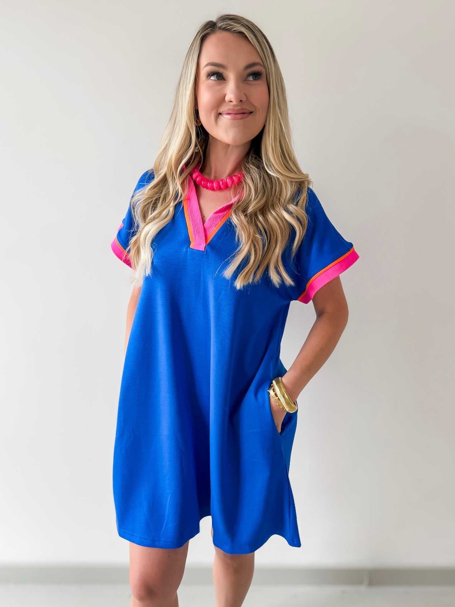 Contrast Accent Solid Casual Dress - Royal Mix