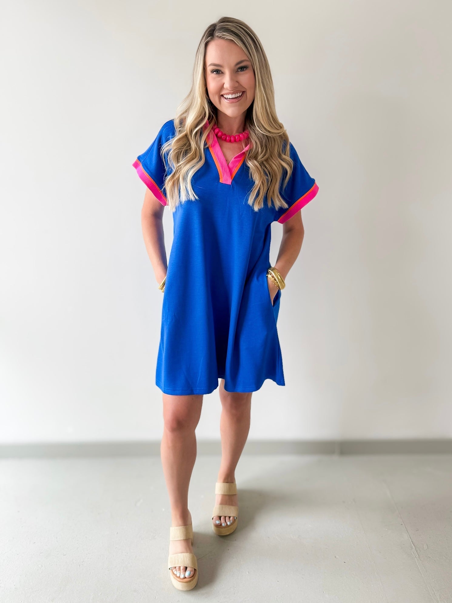 Contrast Accent Solid Casual Dress - Royal Mix