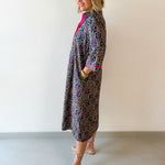 Contrast Floral Midi Dress - Navy/ Magenta