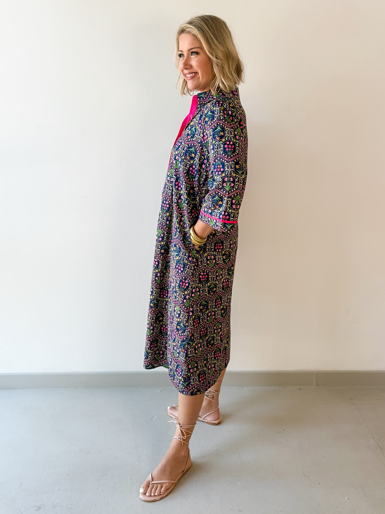 Contrast Floral Midi Dress - Navy/ Magenta