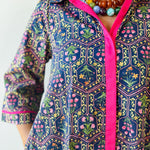 Contrast Floral Midi Dress - Navy/ Magenta