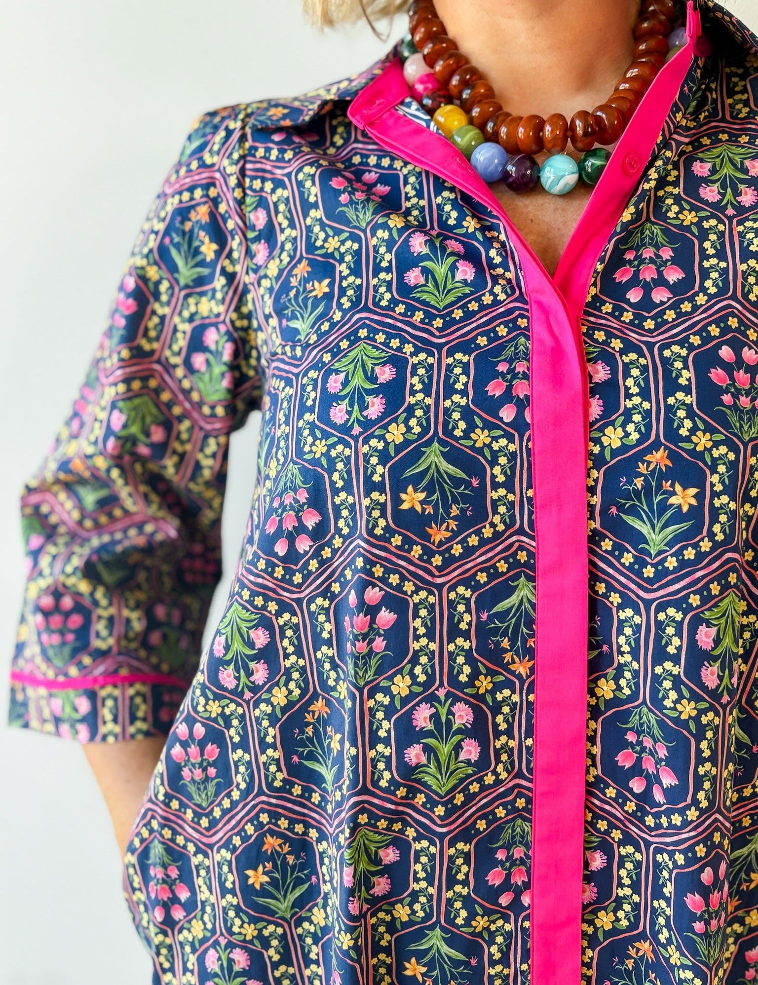 Contrast Floral Midi Dress - Navy/ Magenta