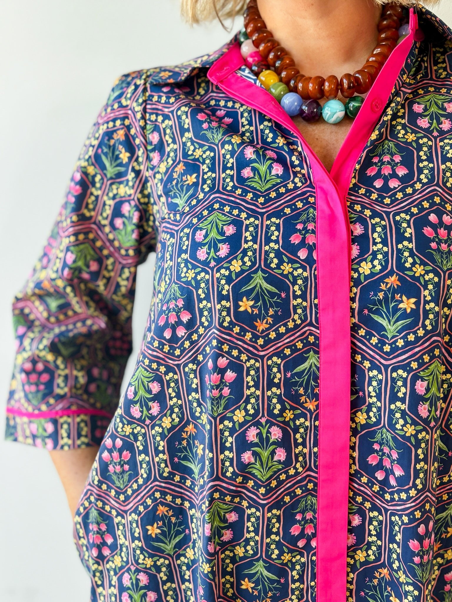 Contrast Floral Midi Dress - Navy/ Magenta