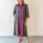 Contrast Floral Midi Dress - Navy/ Magenta