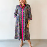 Contrast Floral Midi Dress - Navy/ Magenta
