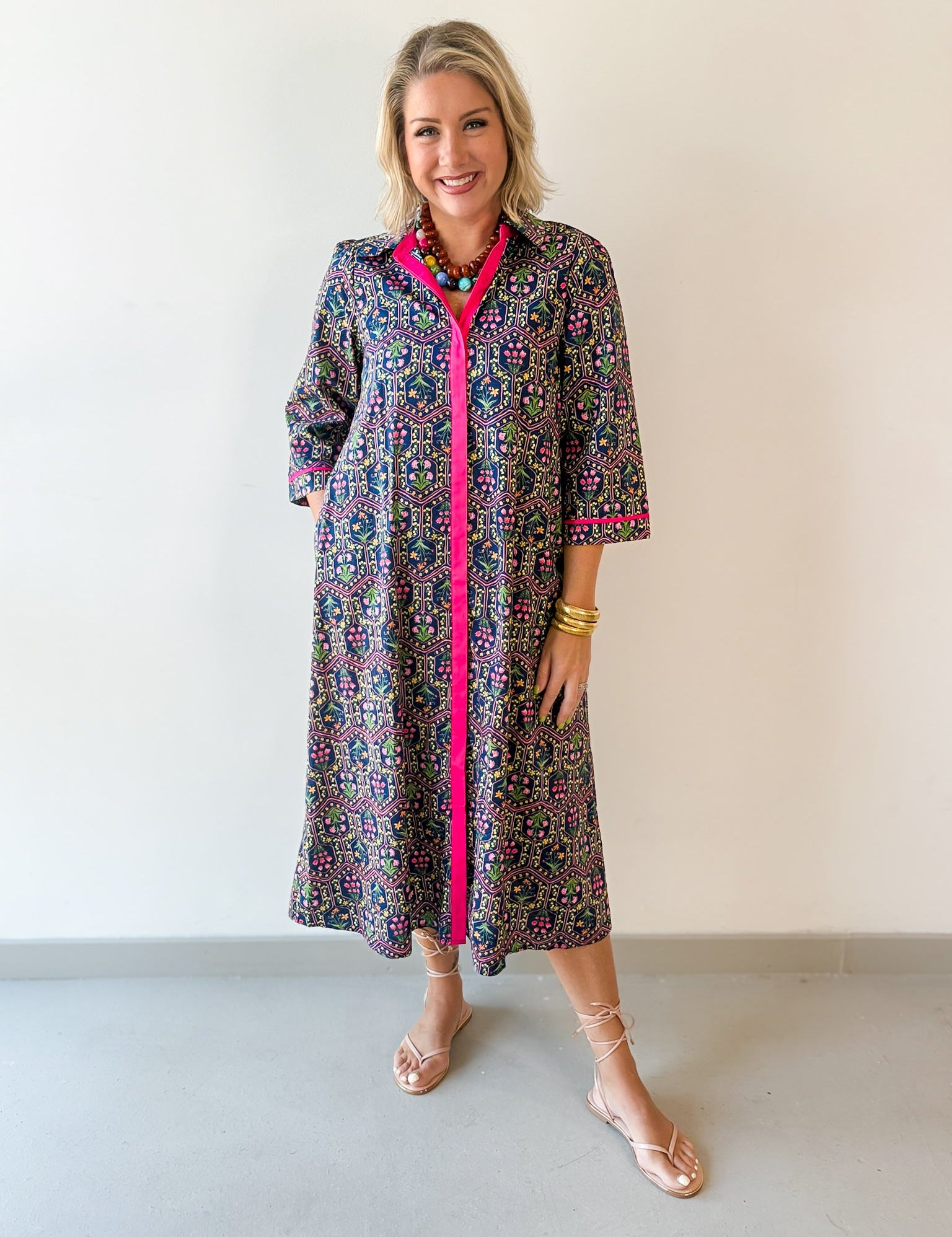 Contrast Floral Midi Dress - Navy/ Magenta