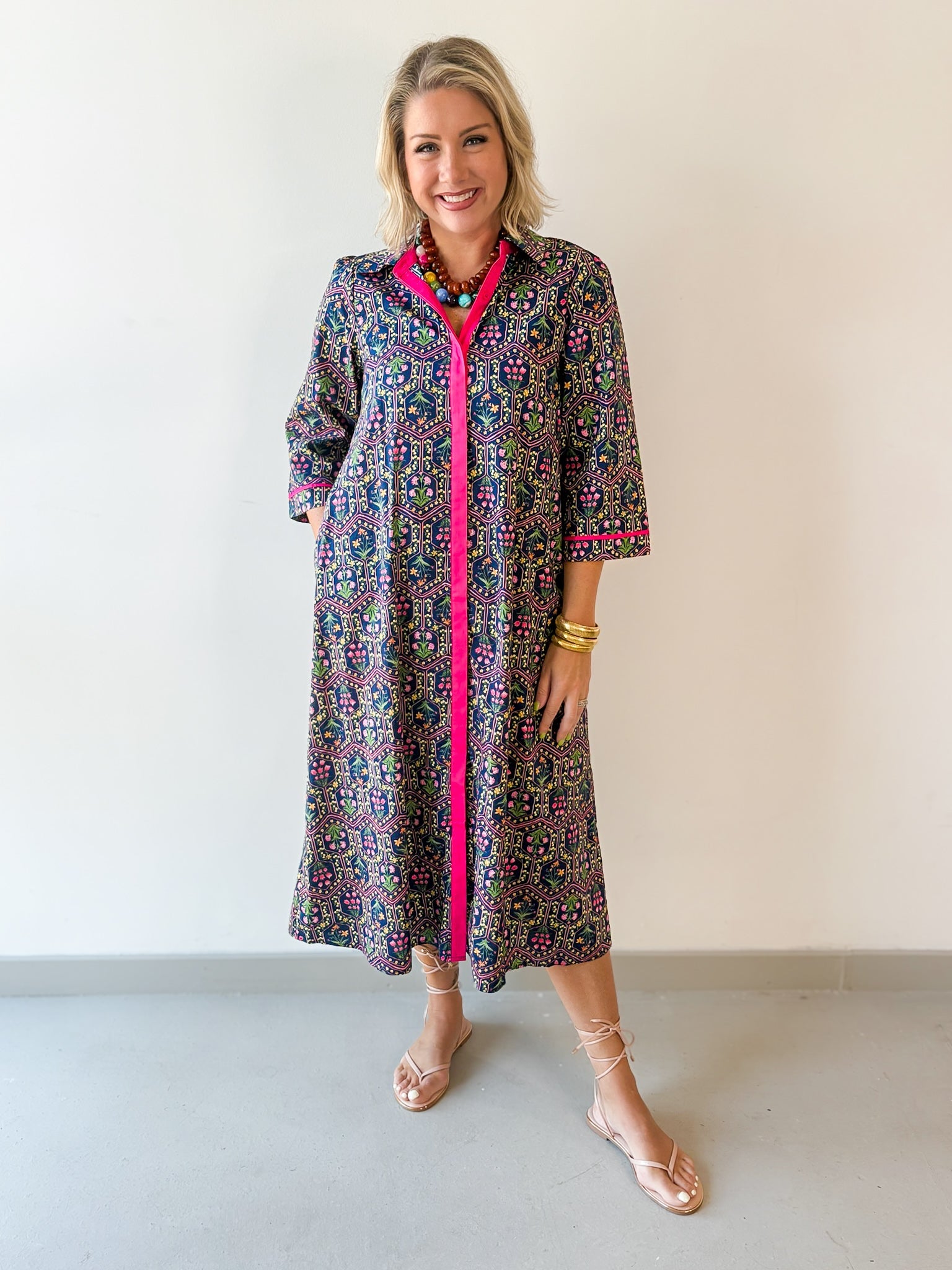 Contrast Floral Midi Dress - Navy/ Magenta