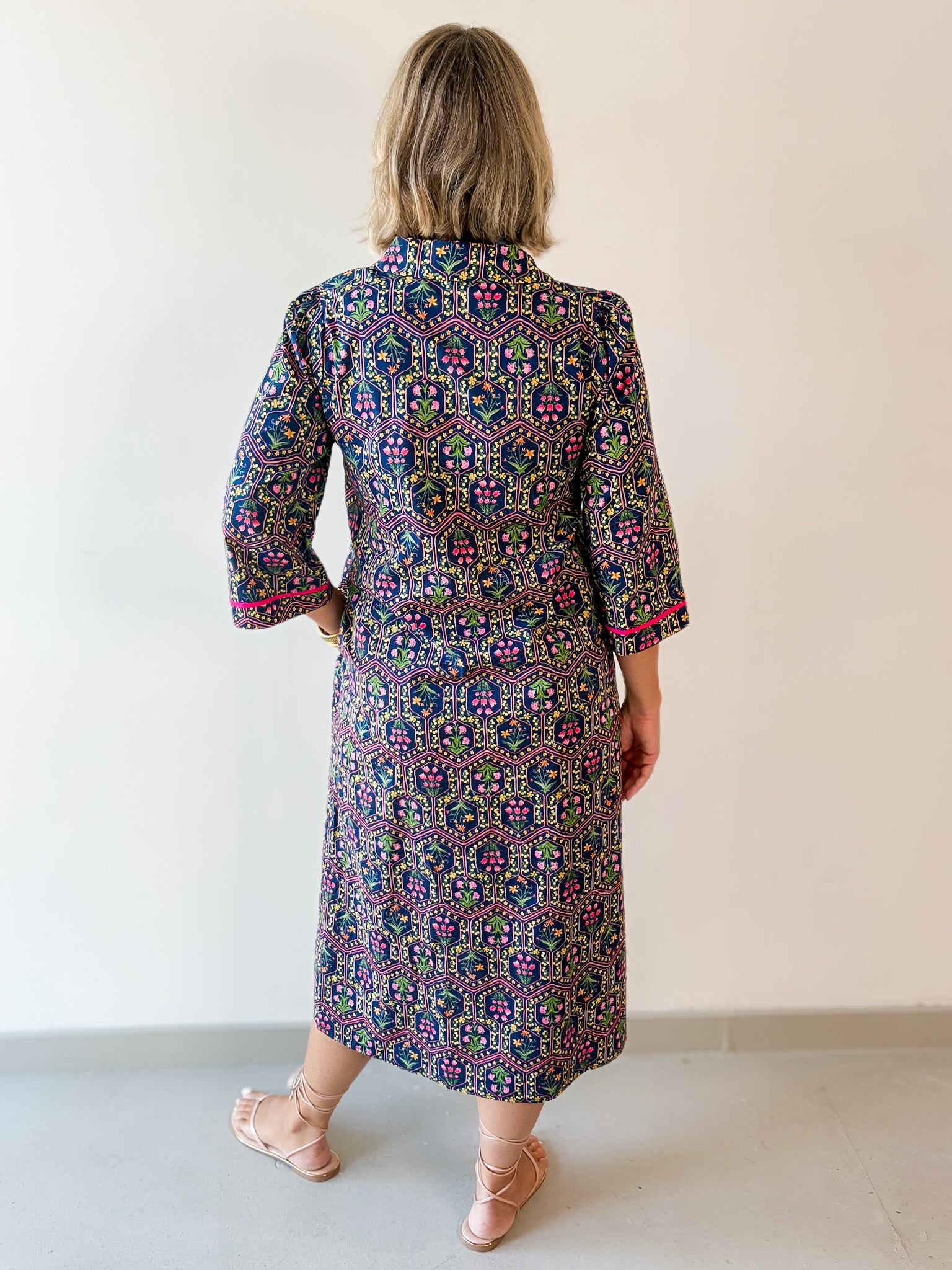 Contrast Floral Midi Dress - Navy/ Magenta