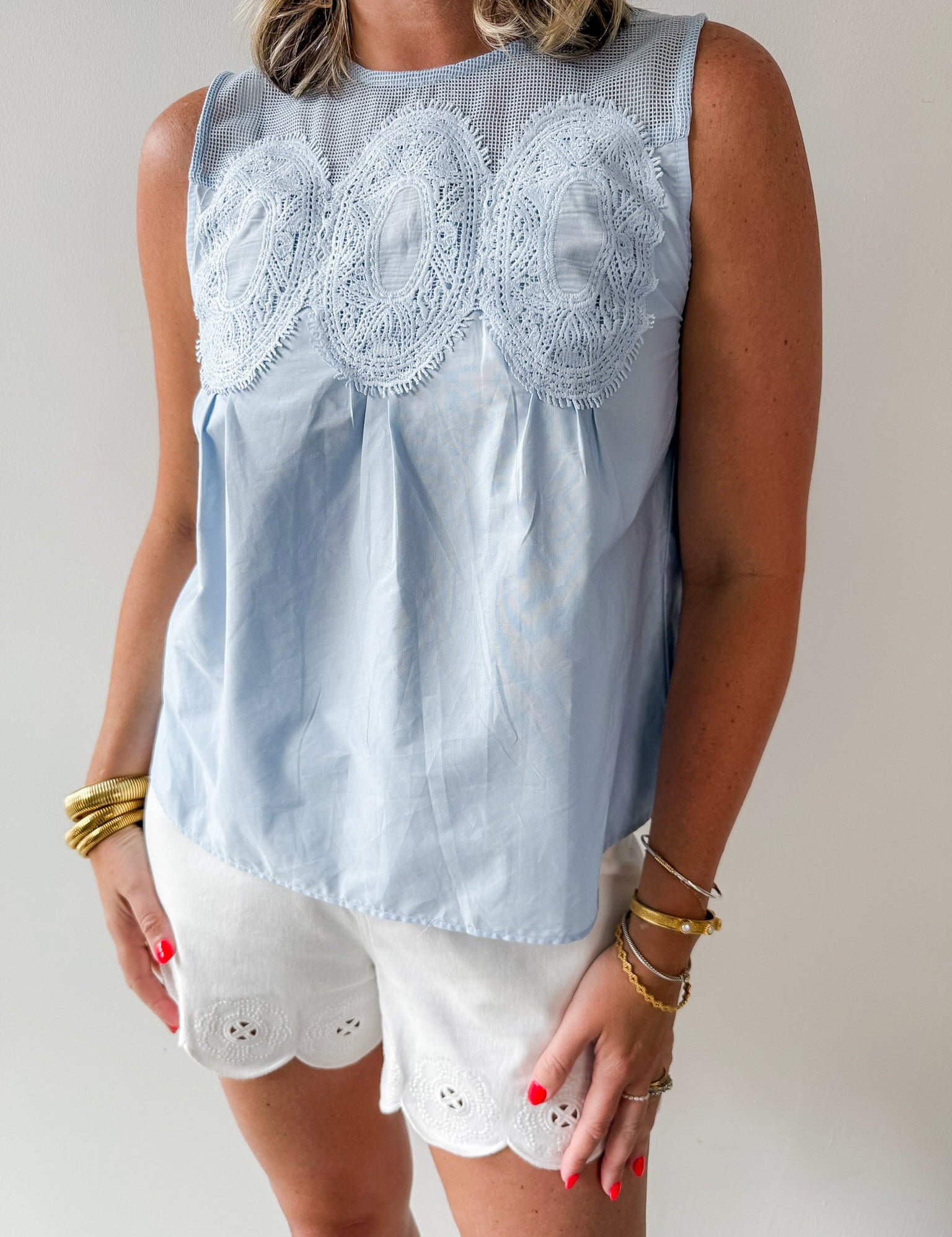 Contrast Mesh Yoke Top - Blue