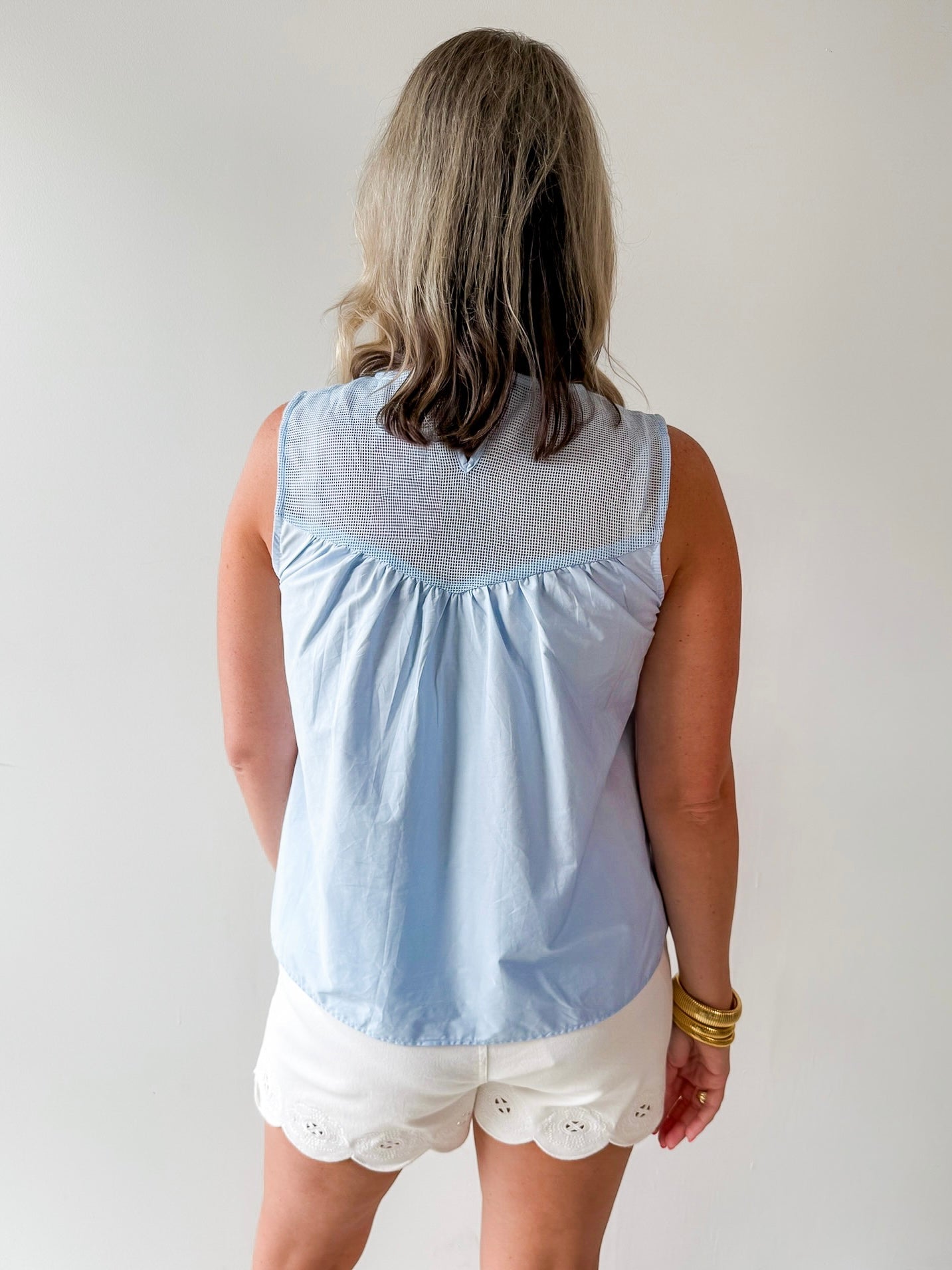 Contrast Mesh Yoke Top - Blue