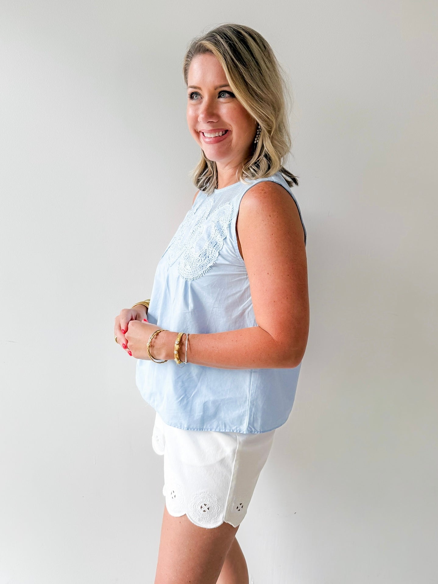 Contrast Mesh Yoke Top - Blue