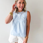 Contrast Mesh Yoke Top - Blue