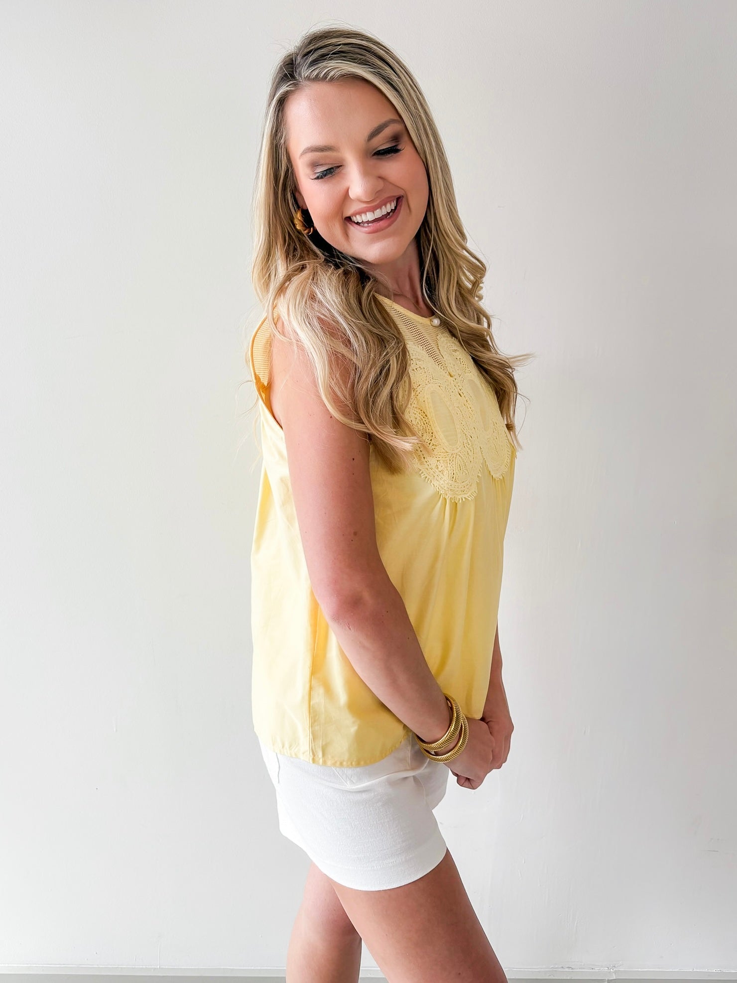 Contrast Mesh Yoke Top - Yellow