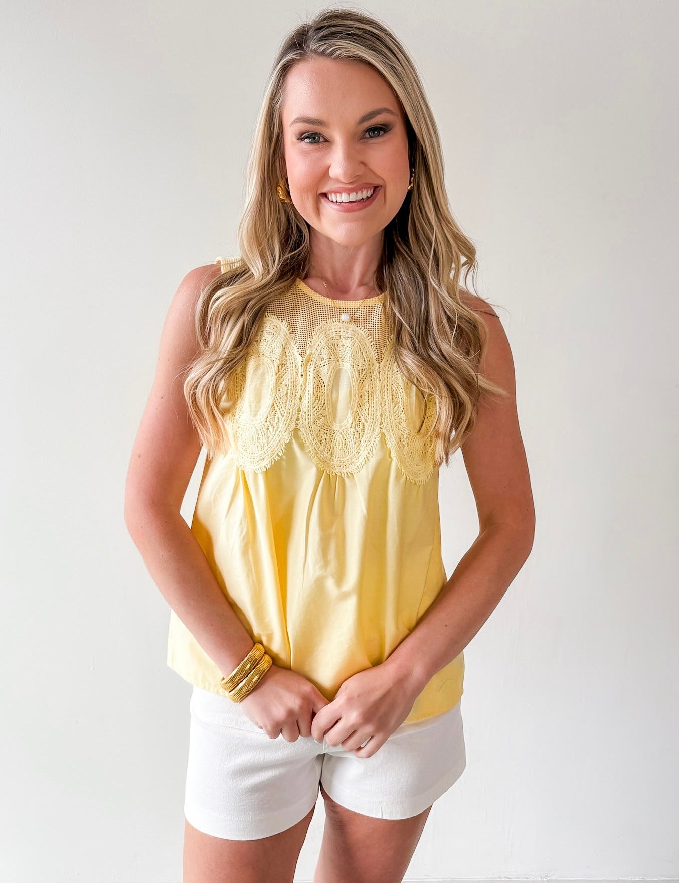 Contrast Mesh Yoke Top - Yellow