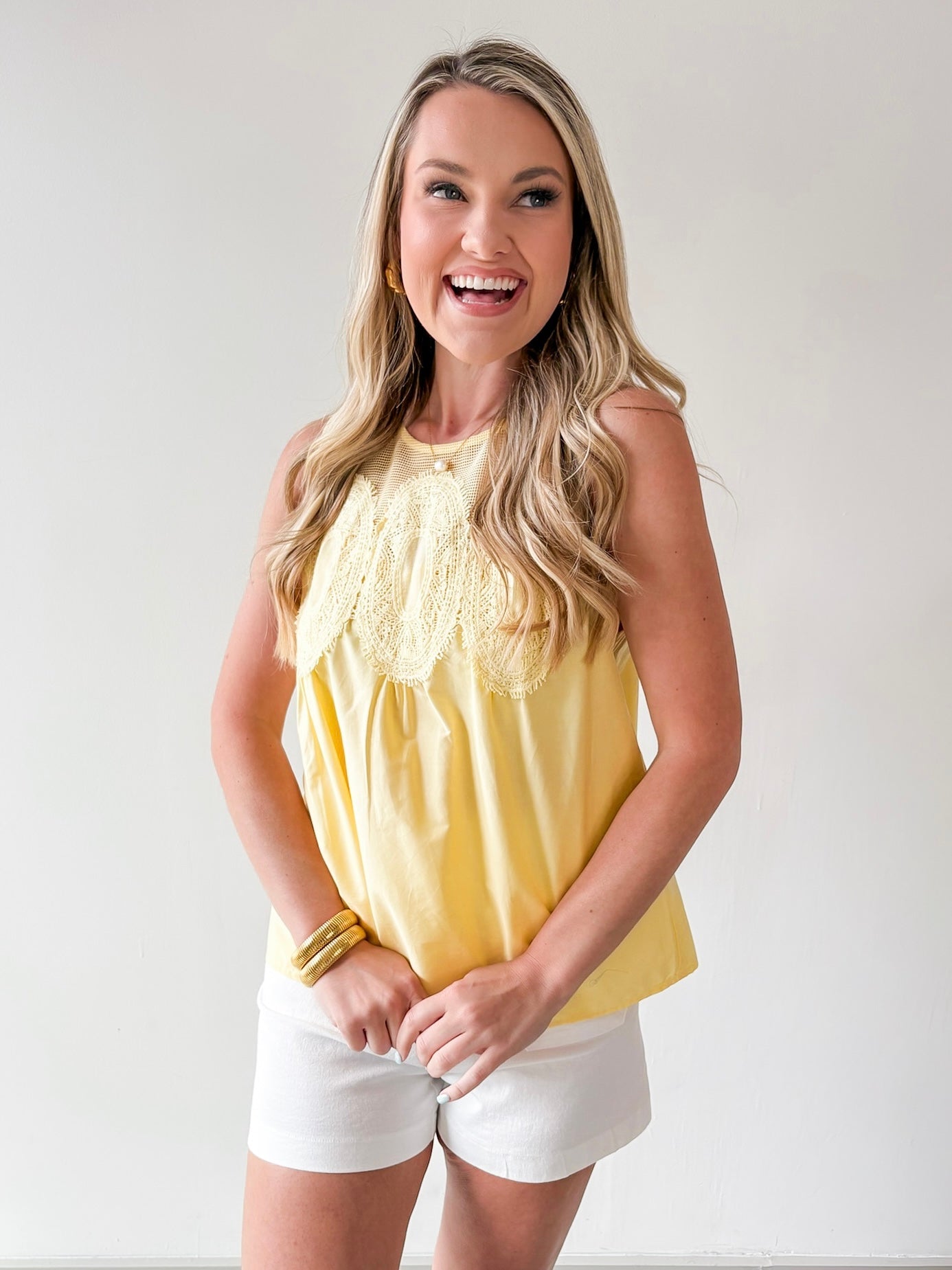 Contrast Mesh Yoke Top - Yellow