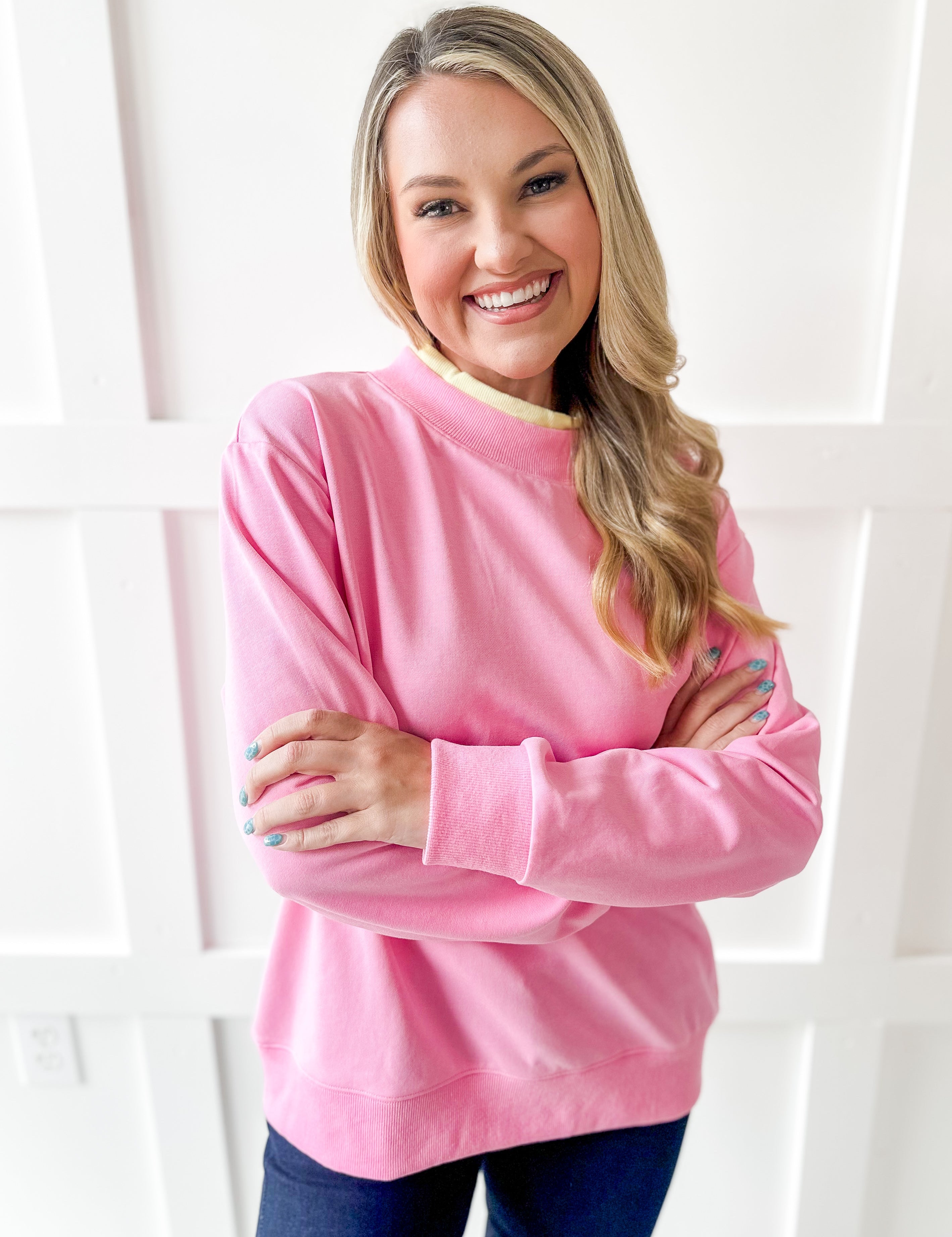 Contrast Mock Sweater- Pink/Yellow