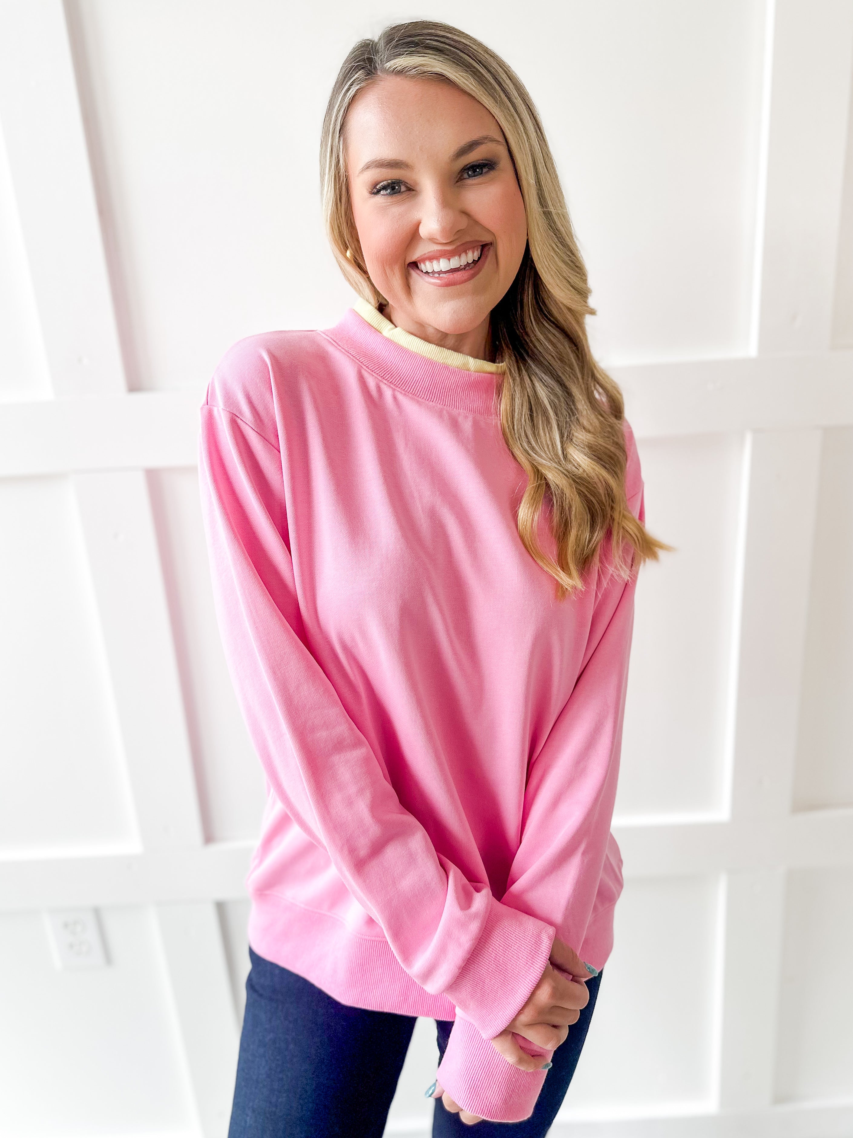 Contrast Mock Sweater- Pink/Yellow