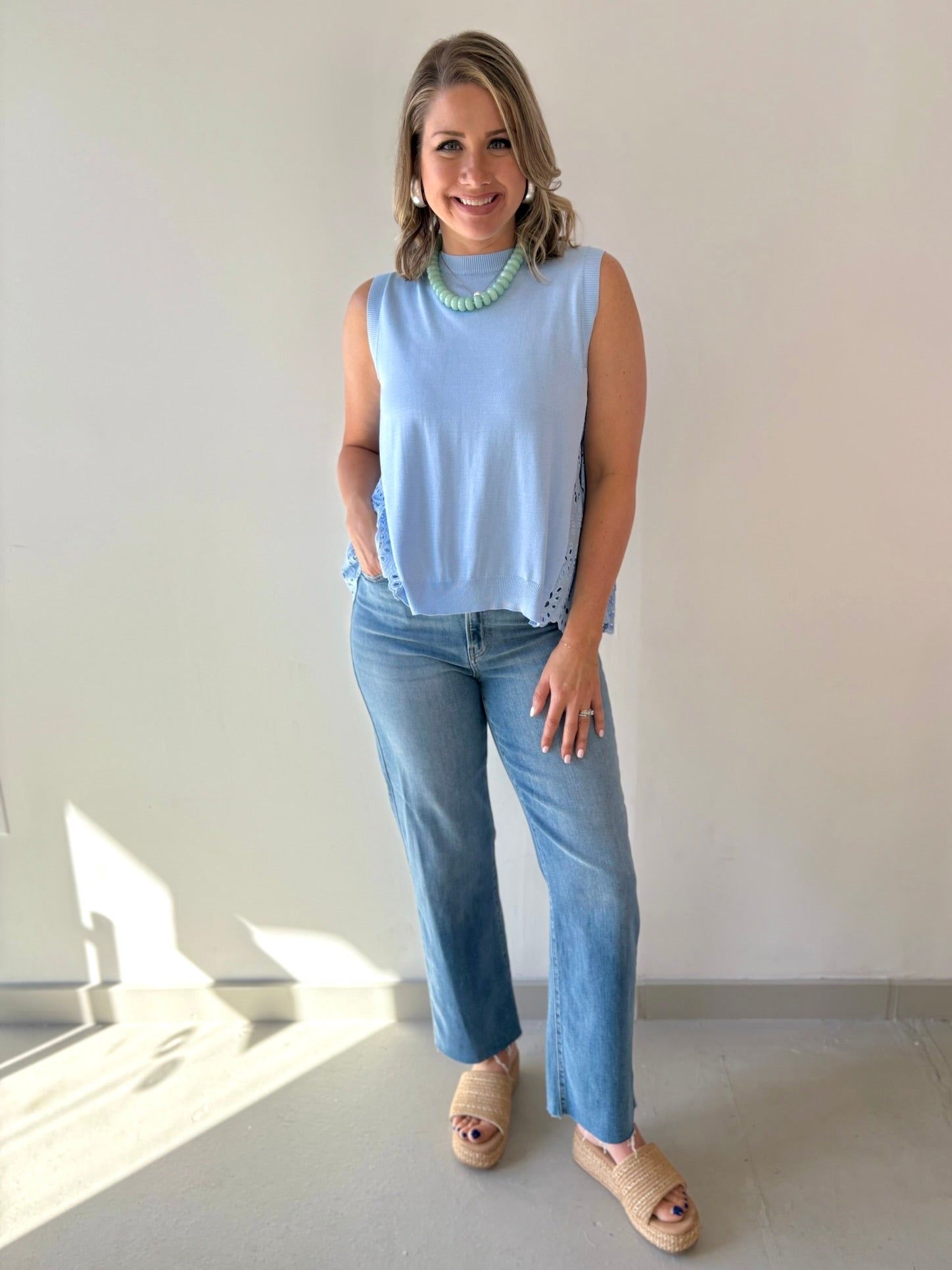 Contrast Pleated Eyelet Back Top