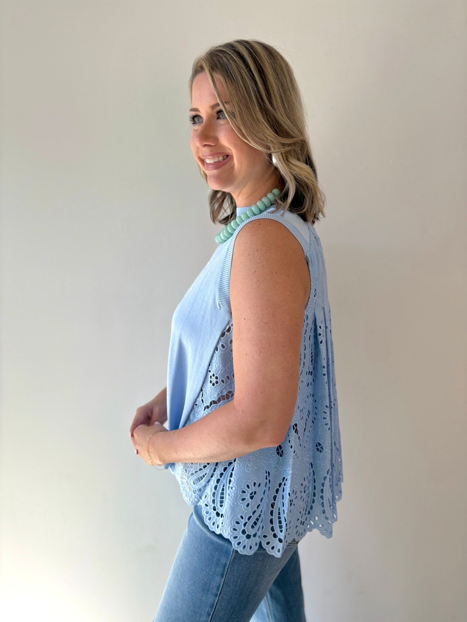 Contrast Pleated Eyelet Back Top