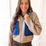 Contrast Pocket High Neck Jacket- Sandstone