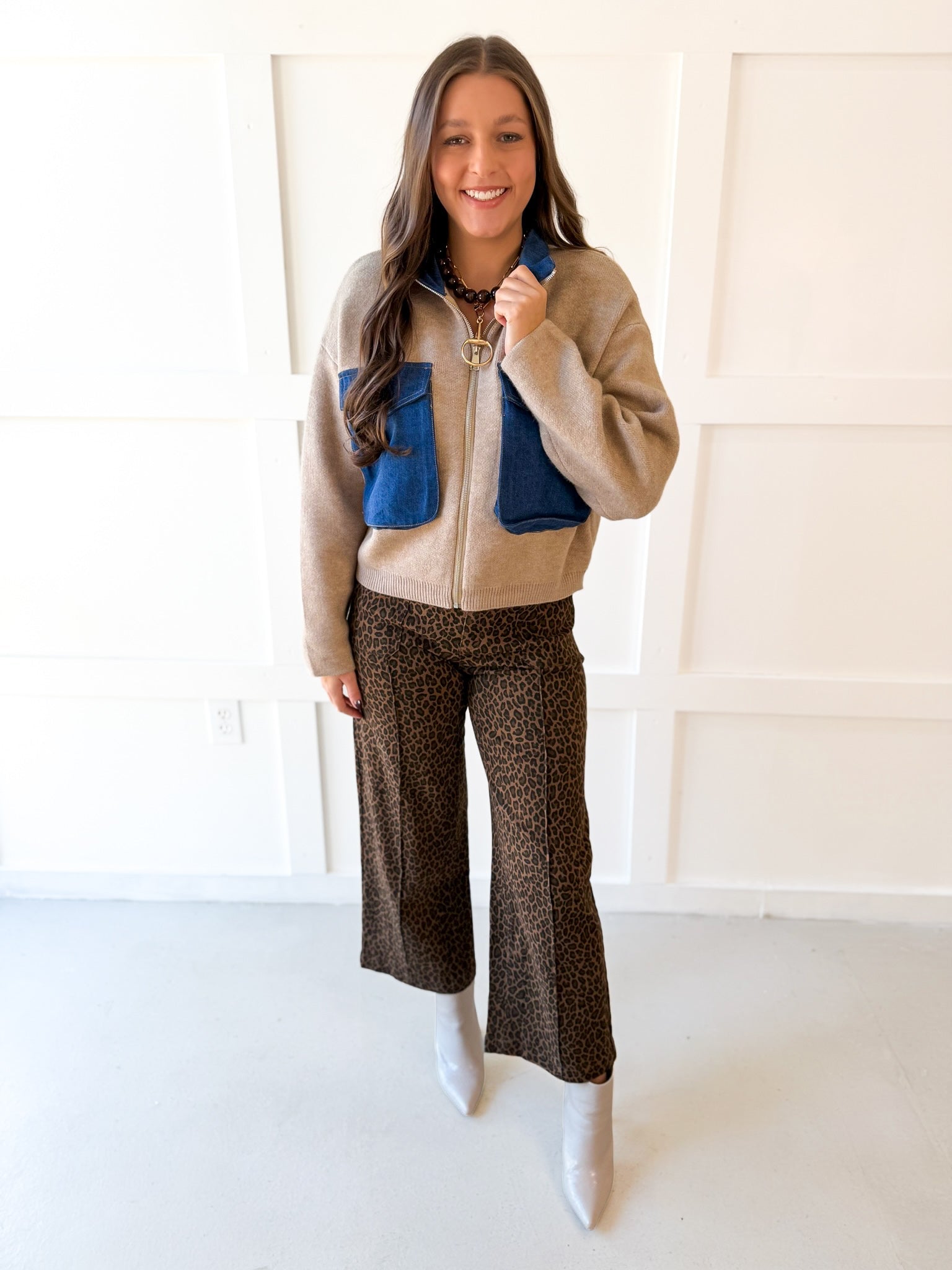 Contrast Pocket High Neck Jacket- Sandstone
