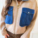Contrast Pocket High Neck Jacket- Sandstone