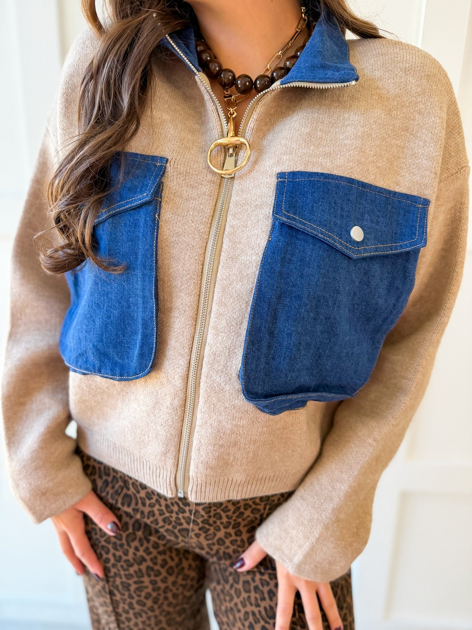 Contrast Pocket High Neck Jacket- Sandstone
