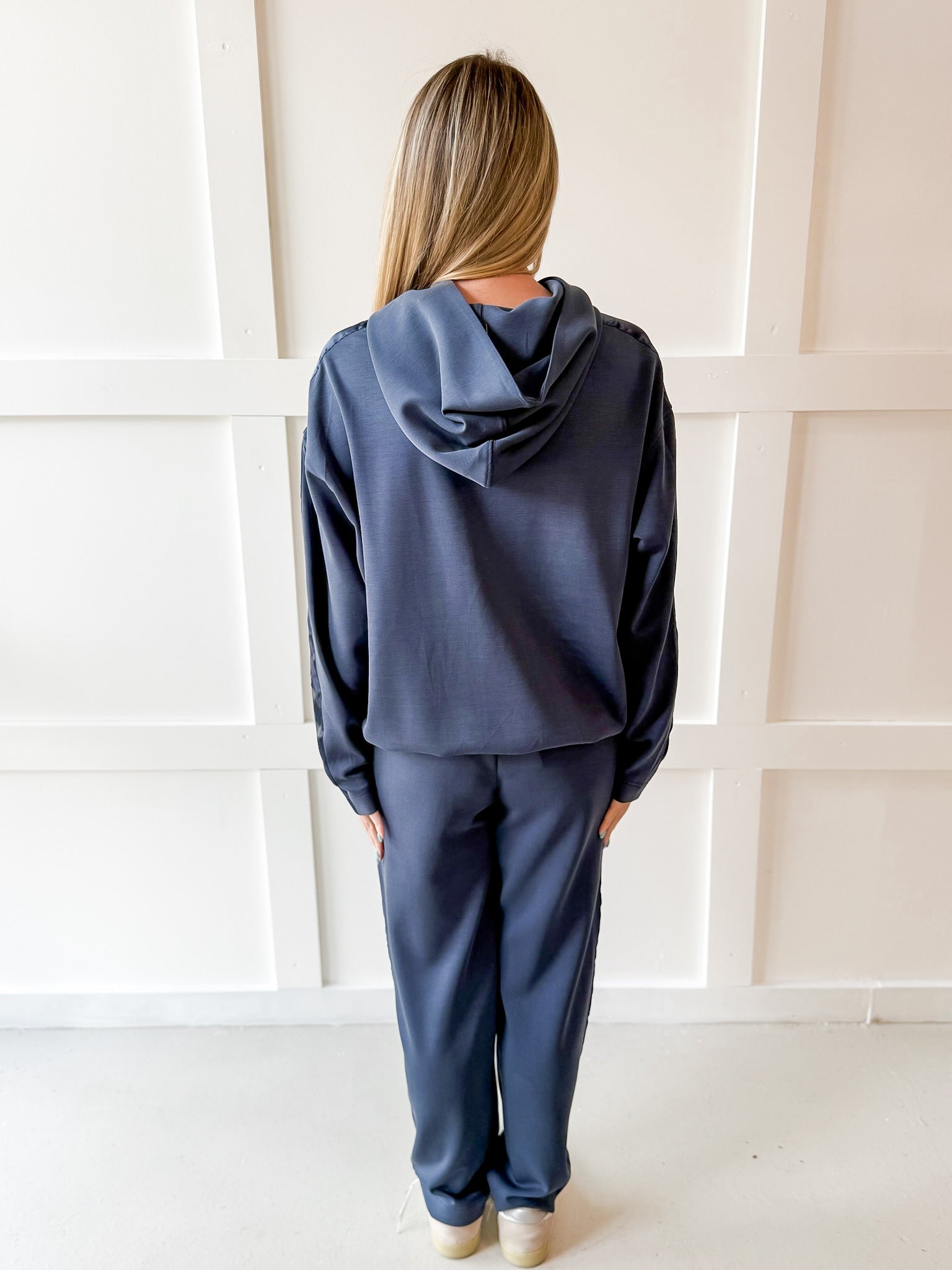 Contrast Satin Top & Pant Set - Navy