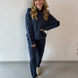 Contrast Satin Top & Pant Set - Navy