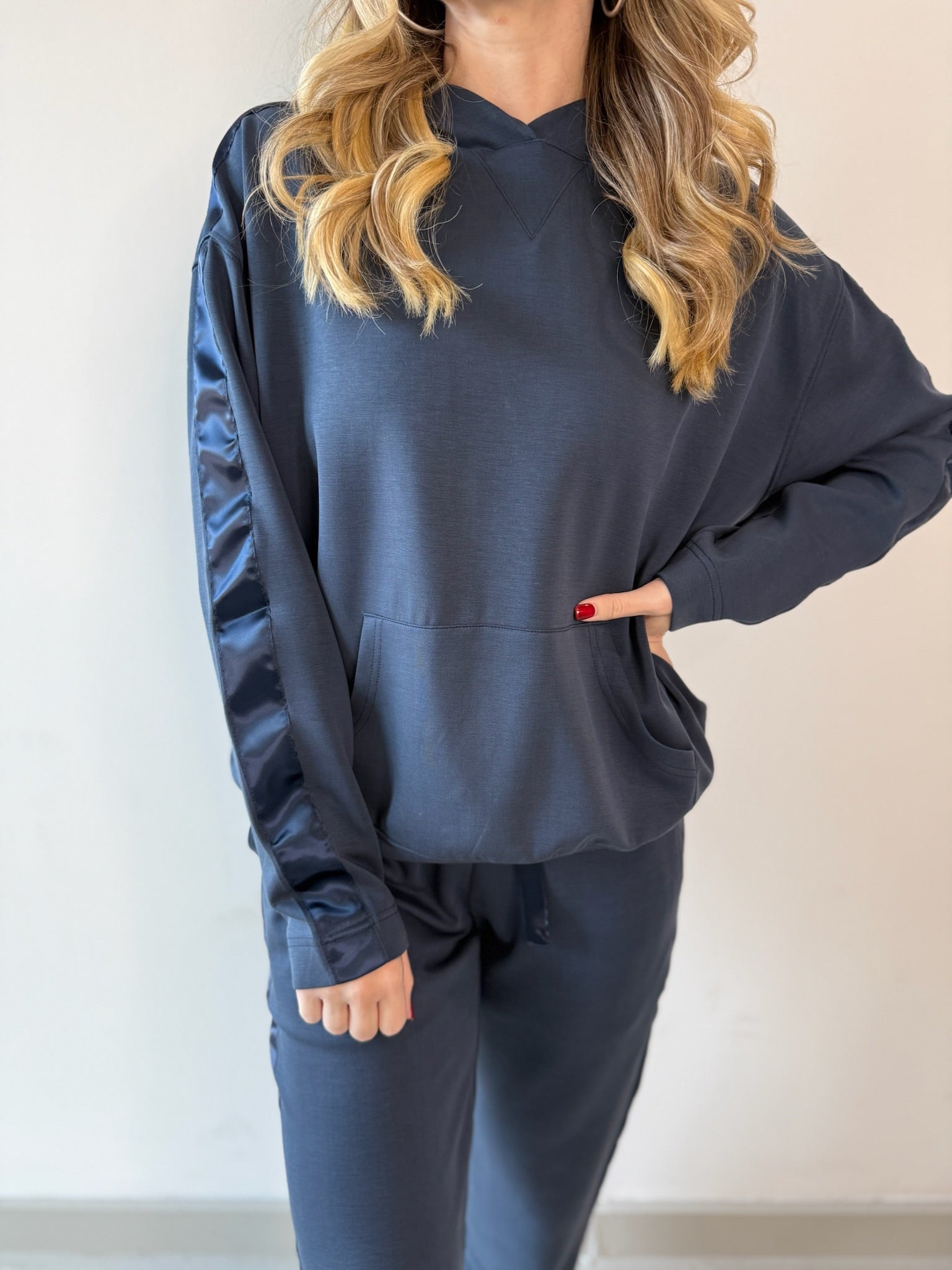 Contrast Satin Top & Pant Set - Navy